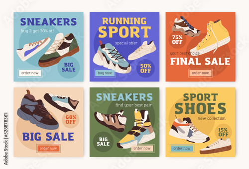 Sale cards designs set for sport store with fashion sneakers, trainers. Square ad backgrounds with shoes discount, price off promotion. Promo templates for gumshoes. Colored flat vector illustrations