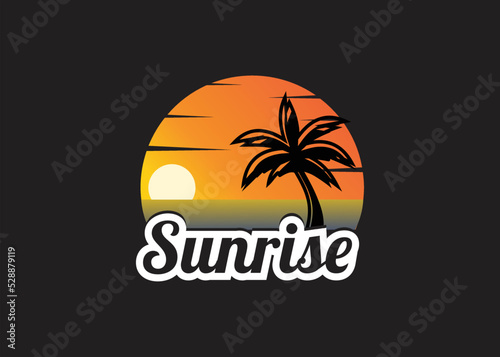 illustration sunrise beach sunset paradise ocean sea holiday logo design vector palm coconut tree  for clothes t shirt printing business holiday summer restaurant