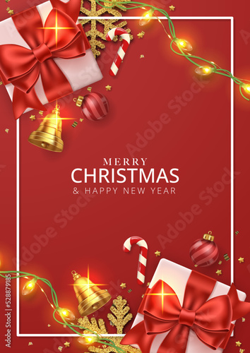 Merry Christmas poster background with gift, string light, candy, bells and snowflakes. Vector illustration