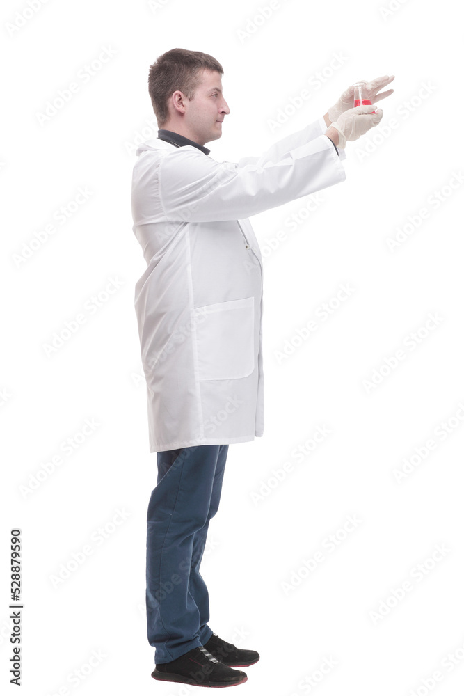 happy male doctor with a laboratory flask. happy male doctor with a laboratory flask.