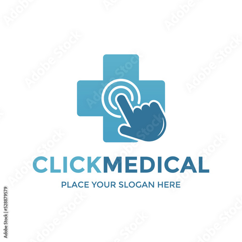 Click medical vector logo template. This design use click and cross plus symbol. Suitable for medical, education and business