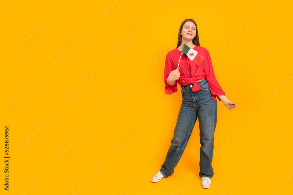 Fototapeta premium Young beautiful girl holds the flag of Mexico. Studio portrait on yellow background. Space for text. Travel and study in Mexico.
