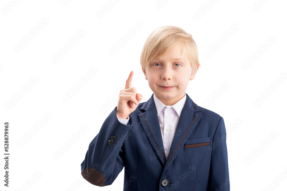 Junior high school student in school uniform serious looking into camera and raising index finger up. Isolated on white background.
