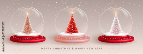 Set of Christmas snow globes with 3D Christmas tree. Merry Christmas and Happy new Year holiday greeting card. Vector illustration