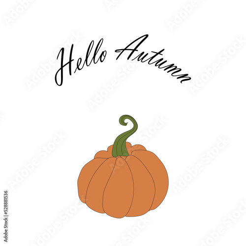 orange pumpkin illustration, lettering hello autumn. autumn harvest illustration