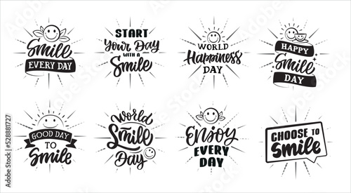 The set of lettering badges about smile day. The quotes with rays