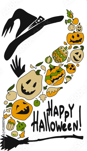 Happy halloween. A pumpkin tornado under a witch's hat.