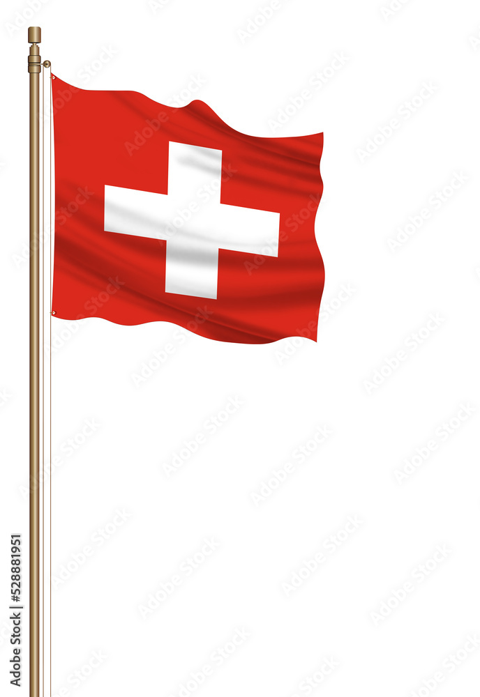 3D Flag of Switzerland on a pillar blown away isolated on a white background.