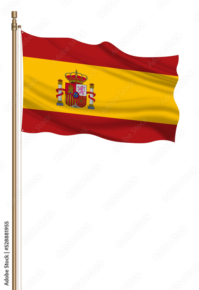 3D Flag of Spain on a pillar blown away isolated on a white background. 3D Flag of Spain on a pillar blown away isolated on a white background.