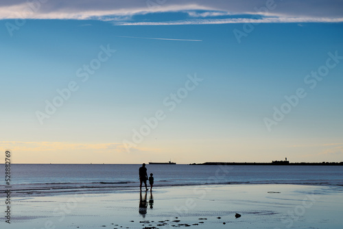 Father and son walk along the seashore at sunset. Silhouettes of two people. The ebb of the sea.