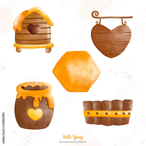 Watercolor Honey jar and decoration, Digital paint watercolor illustration..