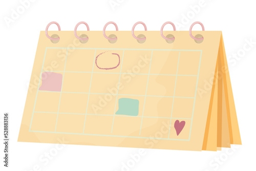 Table office calendar, simple pastel symbol, reminder in cartoon style isolated on white background. Hand drawn marks, appointment and heart.