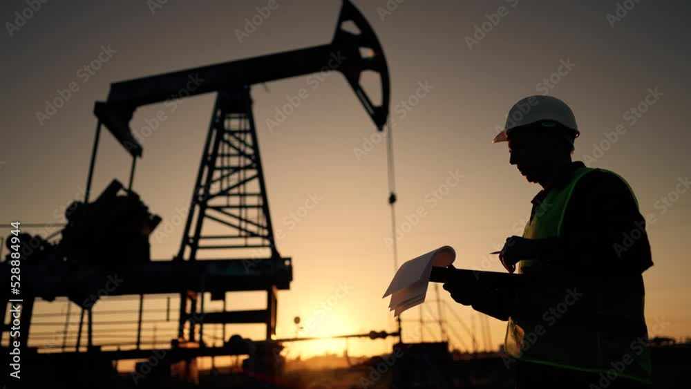Oil industry. Engineer worker makes notes on operation of an oil pump ...