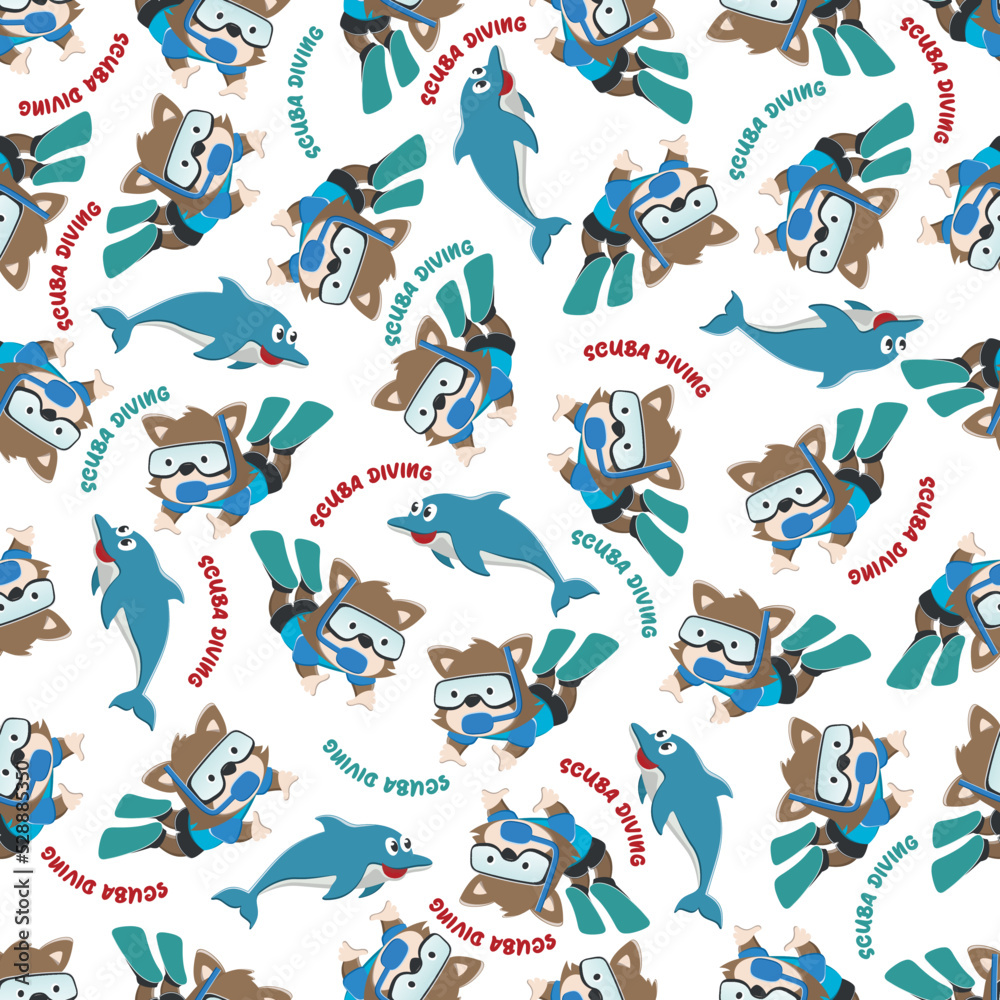 Seamless pattern texture with little fox swim in underwater. For fabric textile, nursery, baby clothes, background, textile, wrapping paper and other decoration.