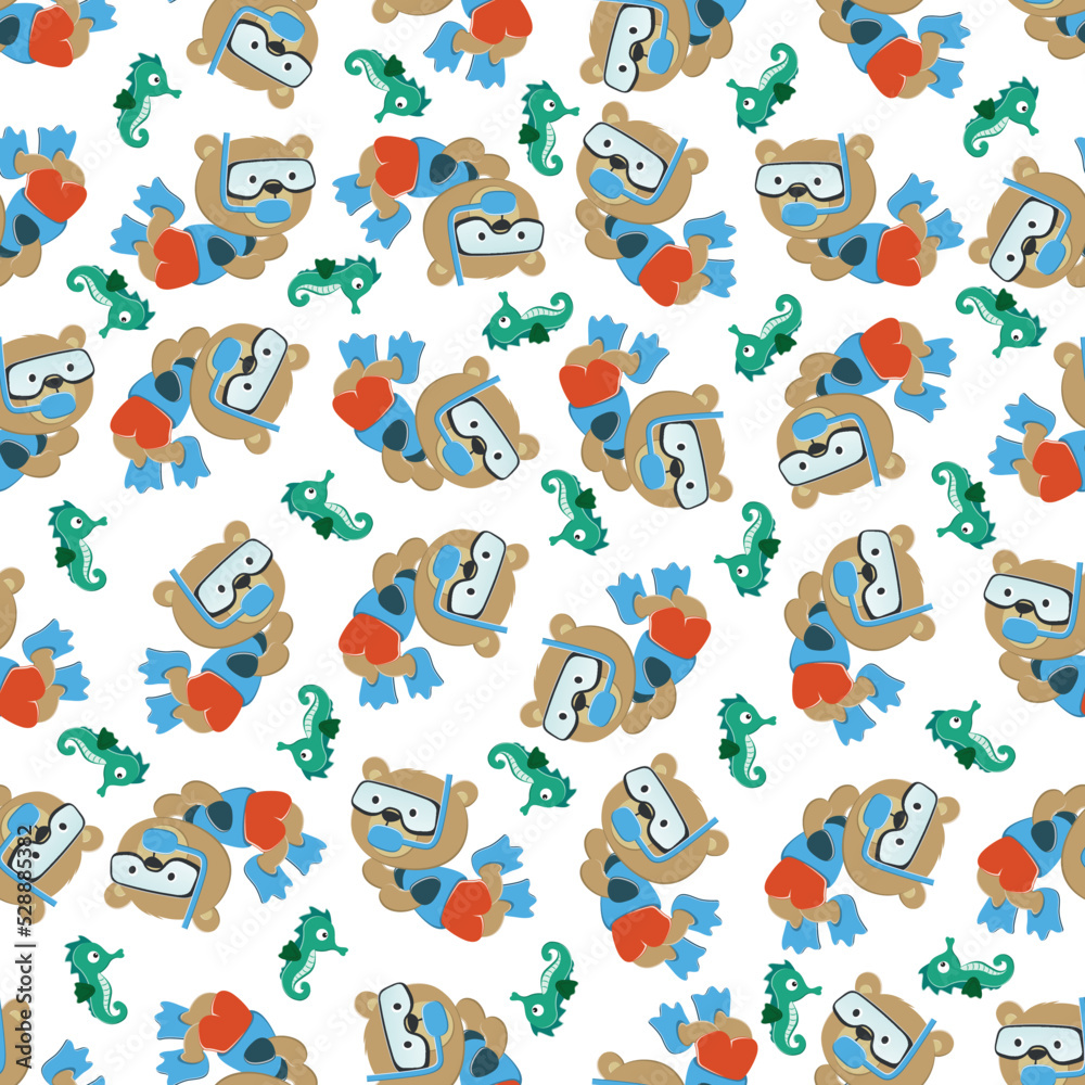 Fototapeta premium Seamless pattern texture with little bear swim in underwater. For fabric textile, nursery, baby clothes, background, textile, wrapping paper and other decoration.
