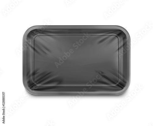 Horizontal black tray container mockup with transparent film. Vector illustration isolated on white background. Layered template file easy to use for your promo product. EPS10.