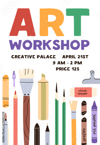 Art workshop ad poster design. Creative class, school flyer, promotion templa...