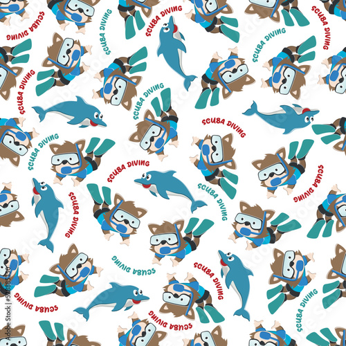 Fototapeta Naklejka Na Ścianę i Meble -  Seamless pattern texture with little fox swim in underwater. For fabric textile, nursery, baby clothes, background, textile, wrapping paper and other decoration.