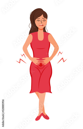 The girl suffers from cystitis and thrush. The character is flat. Drawing pain. White background. isolated. Illness for women. Gynecology