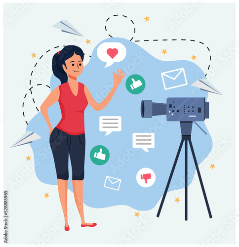 The girl stands in front of the camera and shoots a video for social networks. Vector Stock illustration. Flat style. Character. Web. Video blogger and editing. Blog