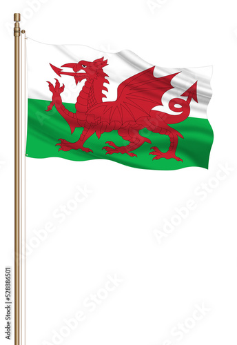 3D Flag of Wales on a pillar blown away isolated on a white background.