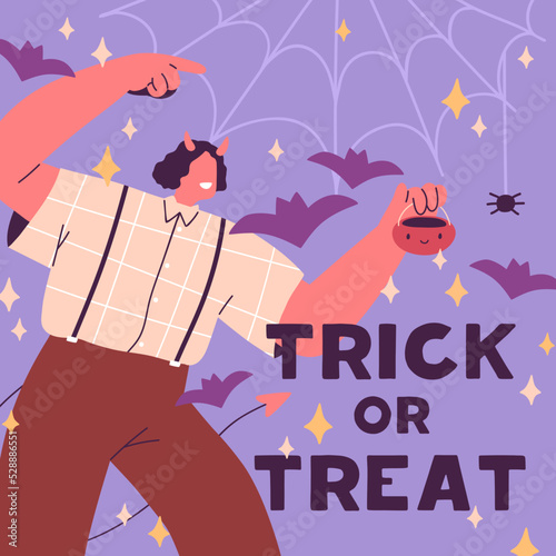 Halloween card design. Trick or Treat postcard template for October holiday. ...