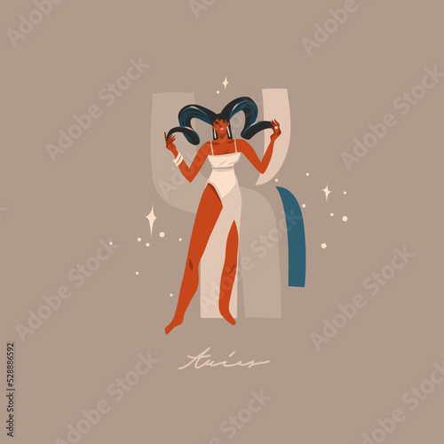 Hand drawn vector abstract graphic astrology illustration with modern,artistic contemporary print template of boho zodiac sign Aries.Zodiac adult female character design.Fashion magic symbol concept.