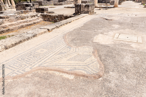 Mosaic in partially restored ruins of one of the cities of the Decapolis - the ancient Hellenistic city of Scythopolis near Beit Shean city in northern Israel #528887314