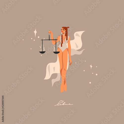 Hand drawn vector abstract graphic astrology illustration with modern,artistic contemporary print template of boho zodiac sign Libra.Zodiac adult female character design.Fashion magic symbol concept.