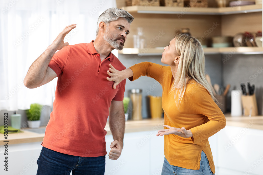 Obraz premium Emotional spouses having fight at kitchen, shouting and gesturing