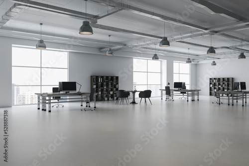 Light white concrete coworking office interior with furniture, bookcase, window with city view. 3D Rendering.