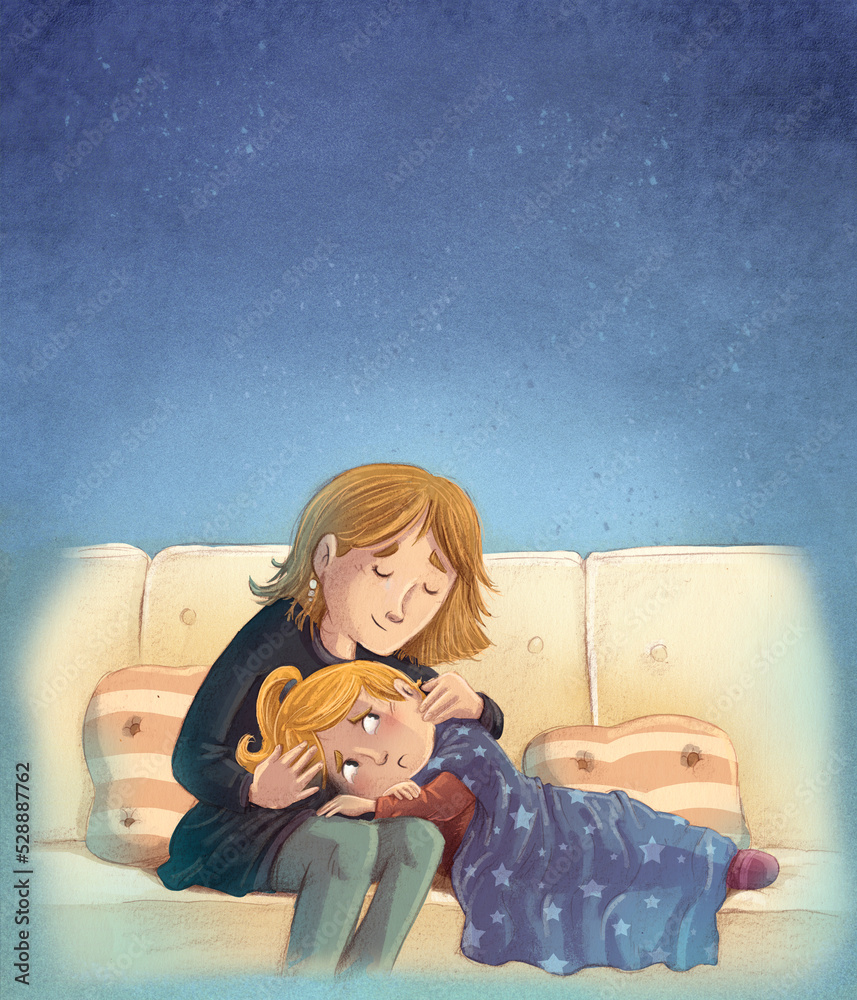 Illustration of sad girl comforted by her mother Stock Illustration ...