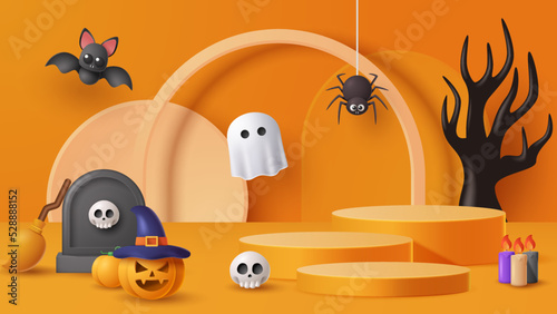 Halloween display podium decoration background with scary ornament. Vector 3D Illustration