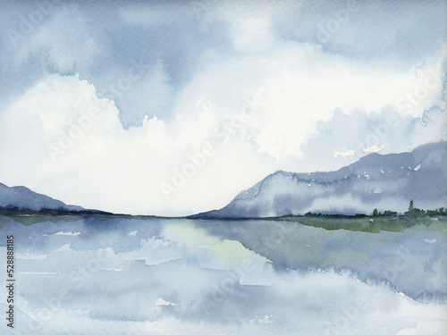 Blue Winter Mountain Reflection Landscape Watercolor Painting