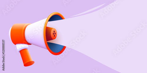 3d megaphone speaker or loudspeaker bullhorn for announce promotion with message bubble. Megaphone 3d loud hailer mockup. Vector illustration.