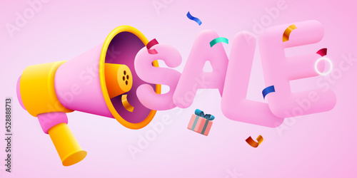 3d hand holding megaphone speaker in smartphone for discount announce. Sale mockup.