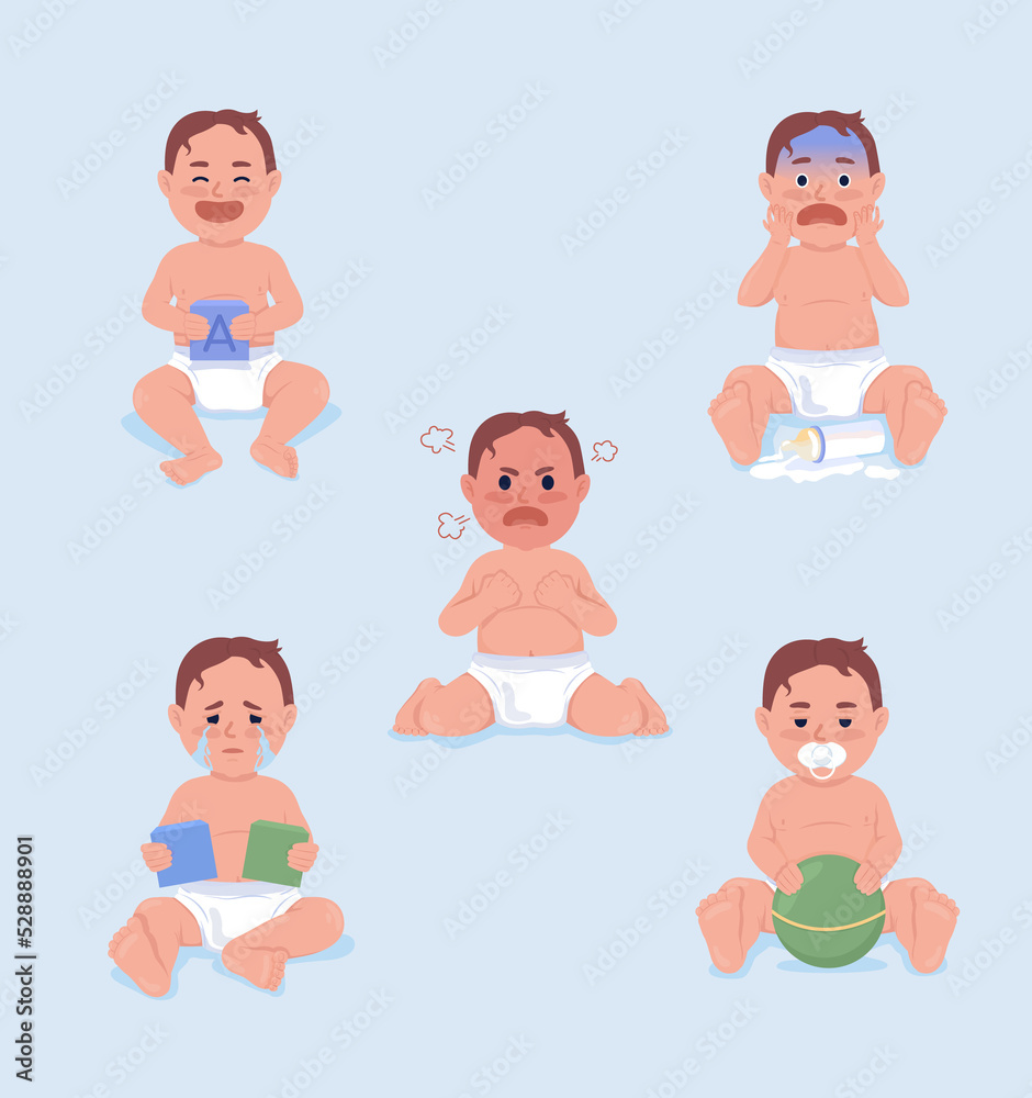 Moods of baby boy semi flat color characters set. Full body people expressions. Simple cartoon style illustration for web graphic design and animation pack Moods of baby boy semi flat color characters set. Full body people expressions. Simple cartoon style illustration for web graphic design and animation pack