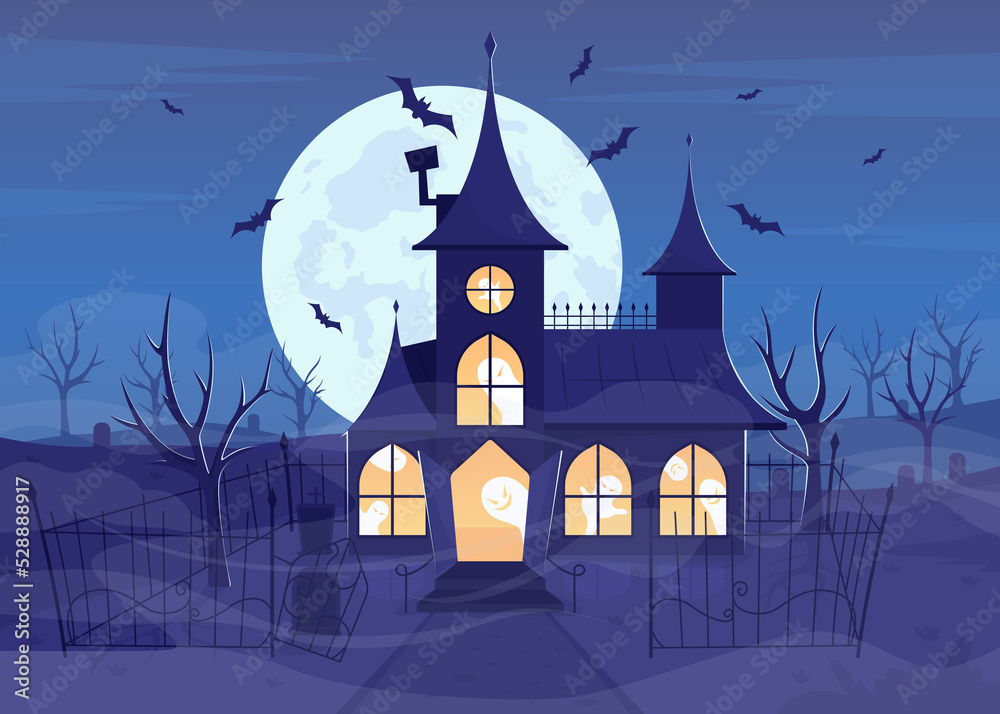 Mansion with ghosts flat color illustration. Haunted house. Wicked
