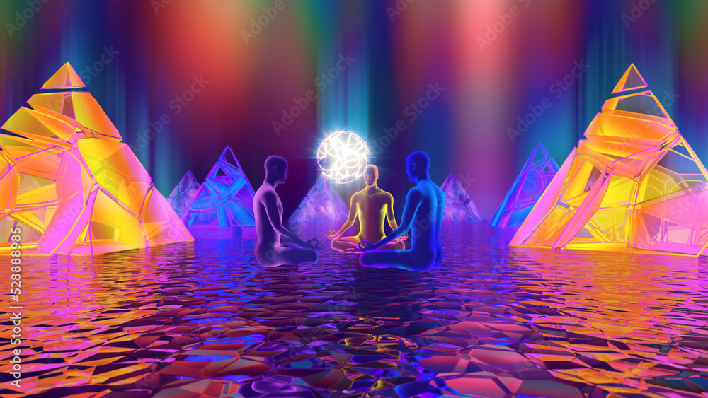 3d illustration of a sacred ritual in the astral space of the pyramids