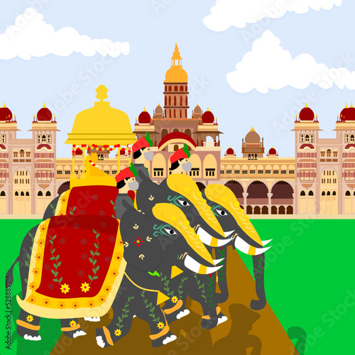Concept of festival and celebrations, Carrying Golden Howdah or Chinnada Ambari on the leading Elephant during the Jamboo Savari or procession of Mysuru Dussehra at Mysore Palace.
