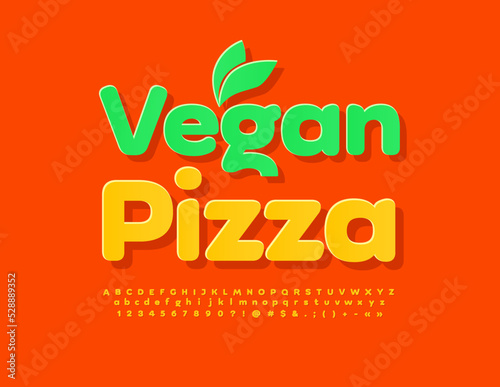 Vector healthy Emblwm Vegan Pizza. Bright sticker Font. Creative set of Alphabet Letters, Numbers and Symbols