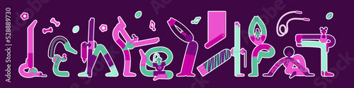 Yoga workout set. Women exercising in different poses, stretching in asanas. Modern trendy girls training, standing in various zen positions, postures. Isolated colorful flat vector illustrations