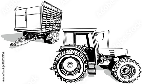 Drawing of the Agricultural Tractor with a Trailer - Black Illustration Isolated on White Background, Vector