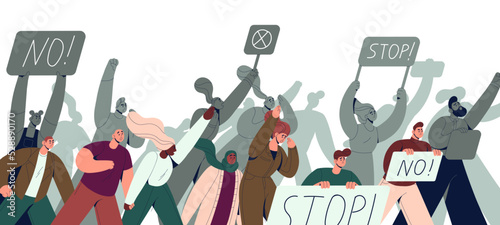 Crowd with placards at protest, picket, street demonstration for rights. People, political activists at revolution, public meeting. Flat graphic vector illustration isolated on white background