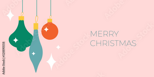 Christmas baubles banner on a pink background. Flat modern cute tree balls and sparkles. Perfect for New Year letter, invitation, flyer template.