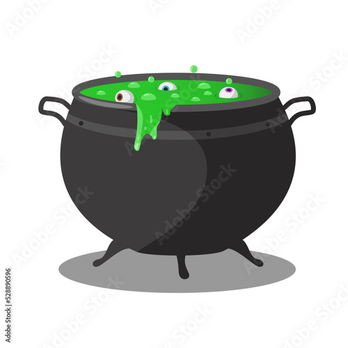 Witch's magic cauldron with boiling potion and eyeballs. Vector illustration isolated on white background.