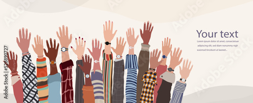 Hands up group of people of diverse culture. Diversity people. Volunteers. Racial equality. Concept of teamwork community and cooperation. Trust. Anti-racism. Allyship. Banner copy space