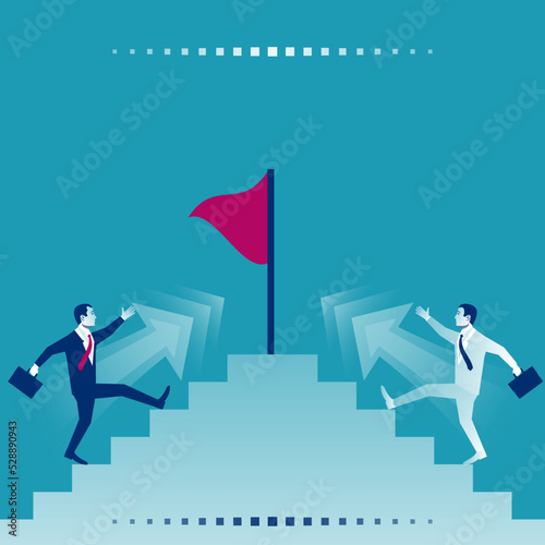 Competition for victory concept. Business people. Vector illustration flat design. Businessmen run upstairs to victory. Competition way to success. Flag as a symbol of achieving the goal.