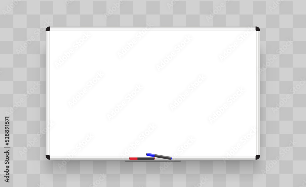 Empty whiteboard with marker pens. Realistic office. Whiteboard. School chalkboard, cork board