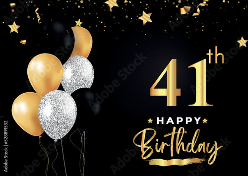 Happy 41th birthday with balloons  grunge brush and gold star isolated on luxury background. Premium design for banner  poster  birthday card  invitation card  greeting card  anniversary celebration.
